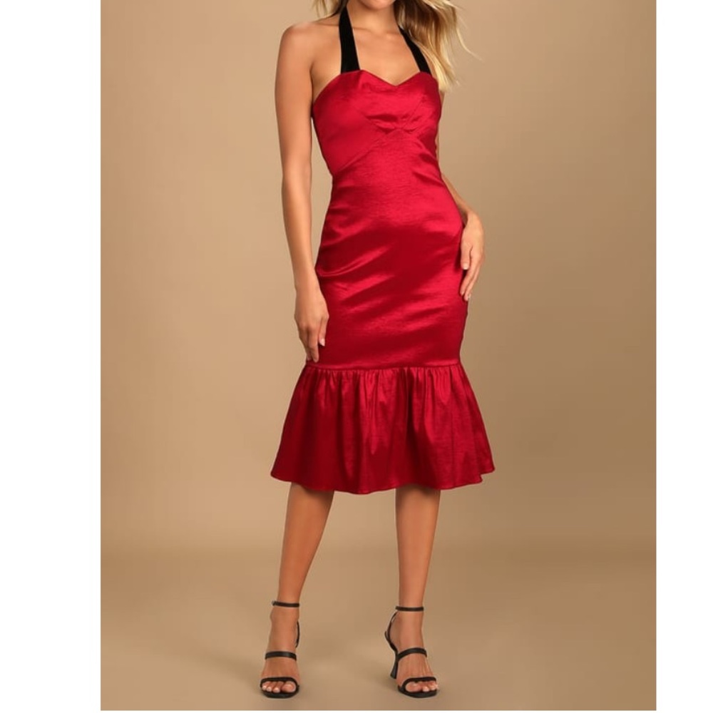 Lulus Bursting With Beauty Berry Red Halter Trumpet Midi Dress